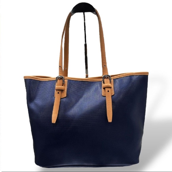 Longchamp Navy Blue Textured Canvas Leather Trim Tote Shoulder Bag Strong Buy - Picture 3 of 12